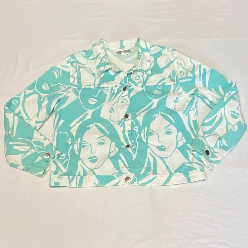 Impulse California Trucker Jean Jacket M White Aqua Pop Art Graphic Female Faces - Picture 7 of 12